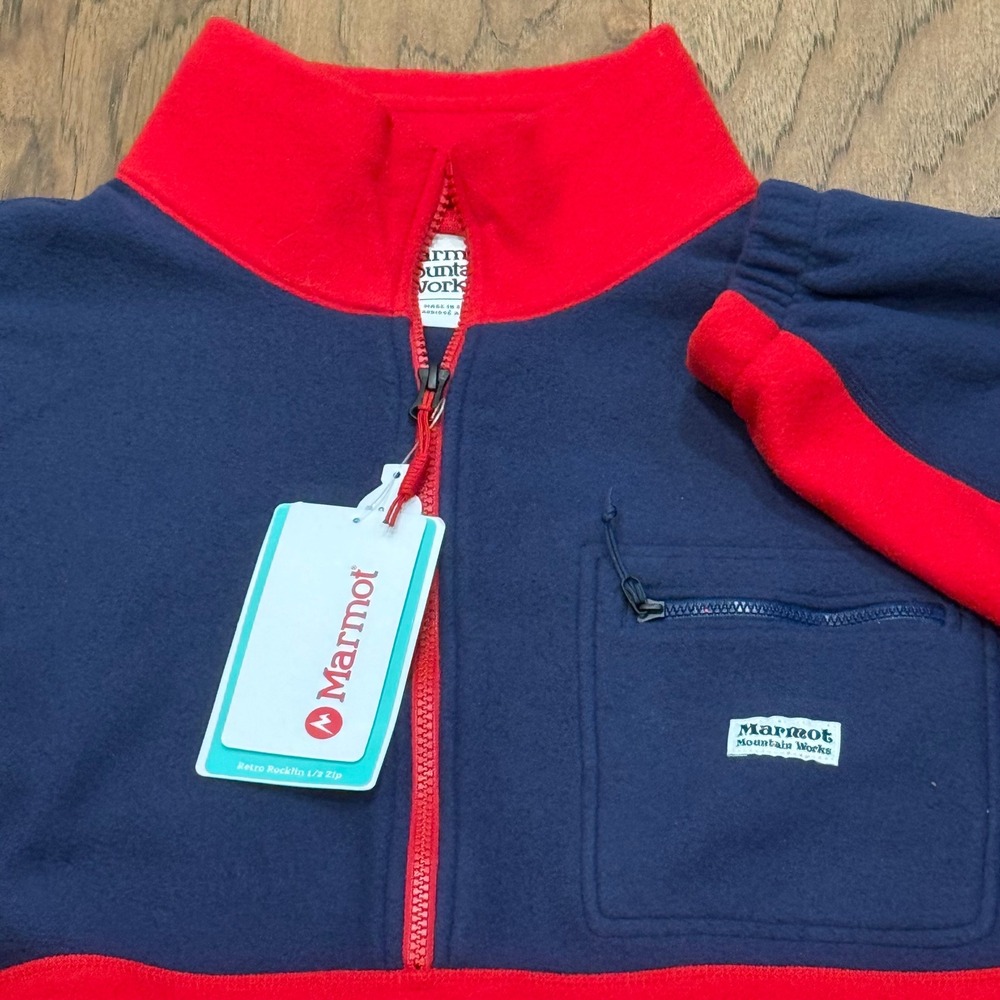 Marmot Retro Rocklin HFZP Fleece Pullover Navy Red Mens Small NWT